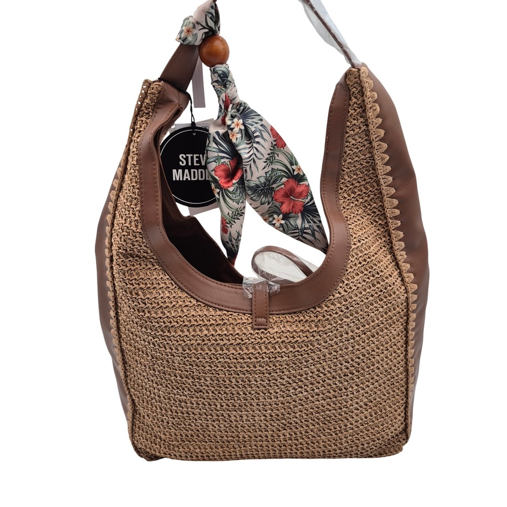 Steve Madden Bfreya Woven Hobo Shoulder Tote Bag Brown Sand Tan Magnetic Closure